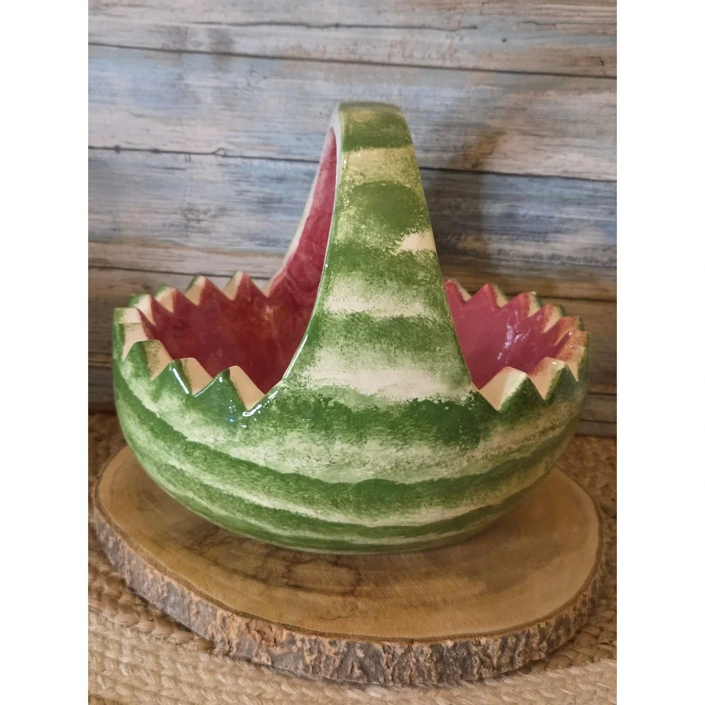 Vtg Watermelon Ceramic Basket Hand Painted Fruit Bowl Sawtooth Rim Summer Decor